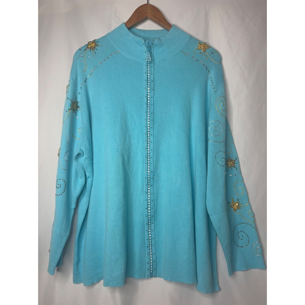 Quacker Factory Turquoise Blue Celestial Star Sequin Zip‎ Front Cardigan 2X